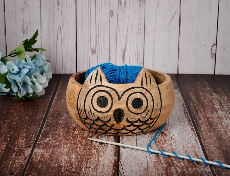 Eximious India Christmas Gifts for Women Wooden Yarn Bowl Knitting Bowl Large Crochet Cat Yarn Holder Handmade Crocheting Accessories and Supplies Organizer 7 x 3 (Owl) - Image 2